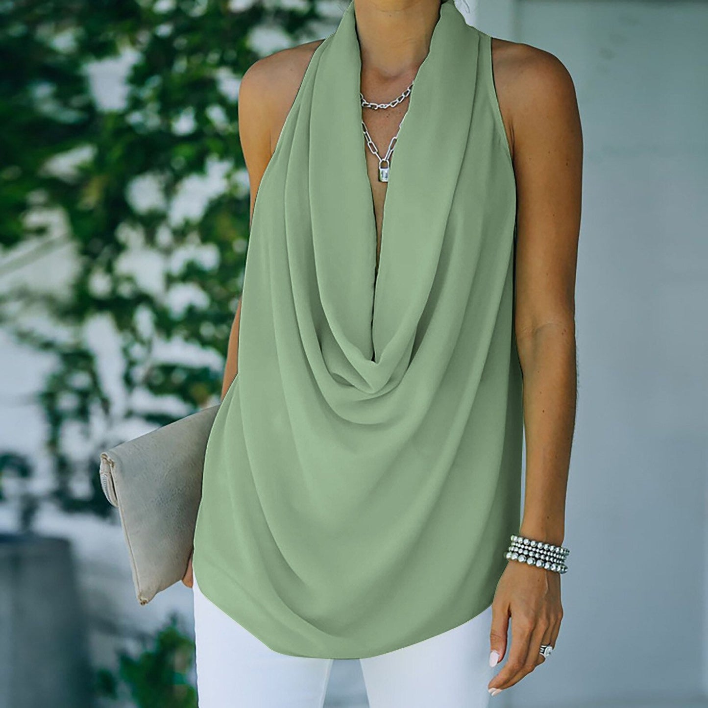 Damen ärmellose Bluse, grün, Wasserfallausschnitt, elegant, Sommermode, Freizeitkleidung.