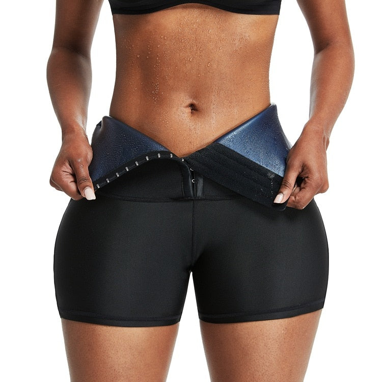 Frau mit schwarzem Neopren-Taillentrainer, Fitness, Abnehmen, Sportbekleidung.