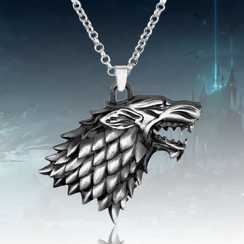 Silberner Wolfskopf-Anhänger, Edelstahl, Halskette, Fantasy-Schmuck, Herrenmode.