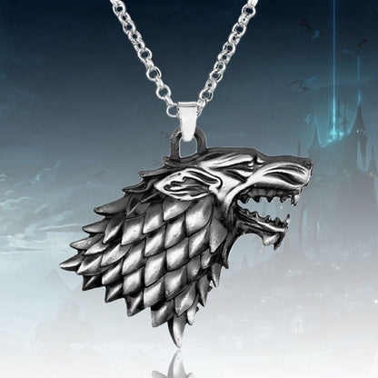 Silberner Wolfskopf-Anhänger, Edelstahl, Halskette, Fantasy-Schmuck, Herrenmode.