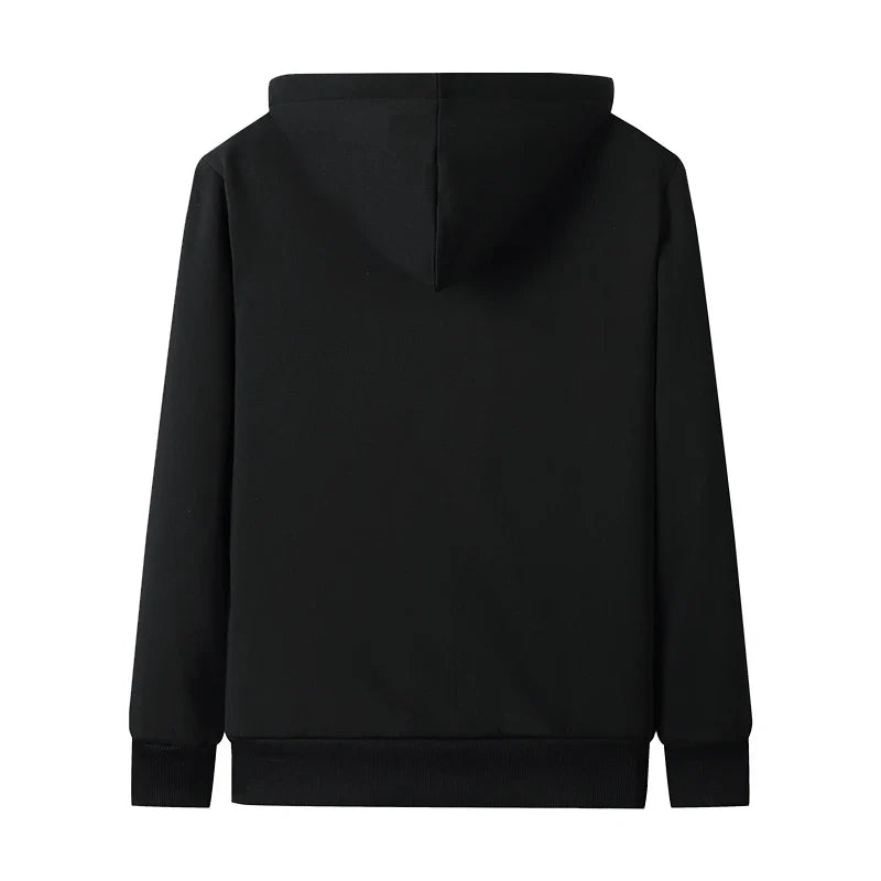 Schwarzer Kapuzenpullover aus Baumwolle, Rückansicht, Unisex, modisch, bequem, Freizeitkleidung.