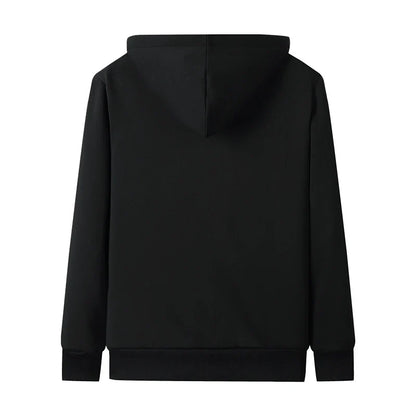 Schwarzer Kapuzenpullover aus Baumwolle, Rückansicht, Unisex, modisch, bequem, Freizeitkleidung.