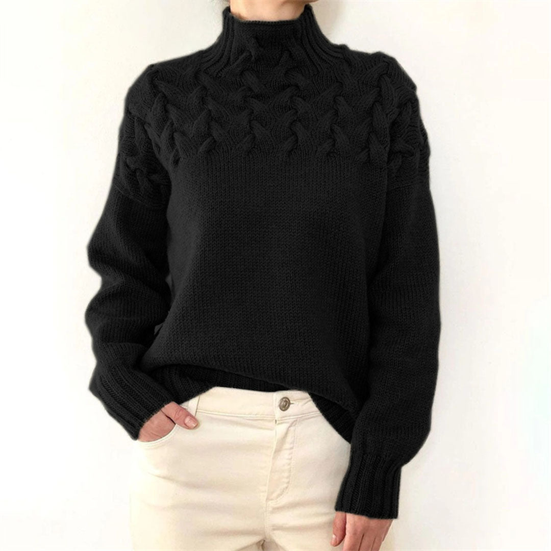 Schwarzer Strickpullover Damen, Zopfmuster, Rollkragen, Wintermode, warm, elegant.