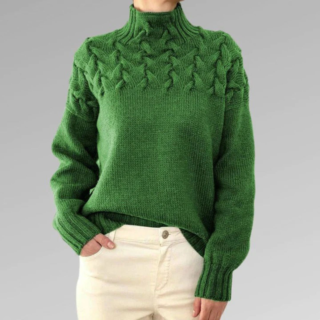 Grüner Strickpullover Damen, Zopfmuster, Rollkragen, Baumwolle, modisch, warm, bequem.