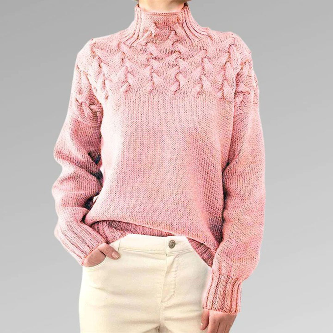 Rosa Strickpullover Damen, Zopfmuster, Rollkragen, Baumwolle, modisch, bequem, Herbstmode