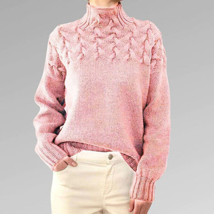 Rosa Strickpullover Damen, Zopfmuster, Rollkragen, Baumwolle, modisch, bequem, Herbstmode