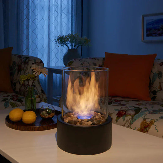 Tischkamin Glaszylinder mit Flammen, Dekosteine, Wohnzimmer, moderne Inneneinrichtung