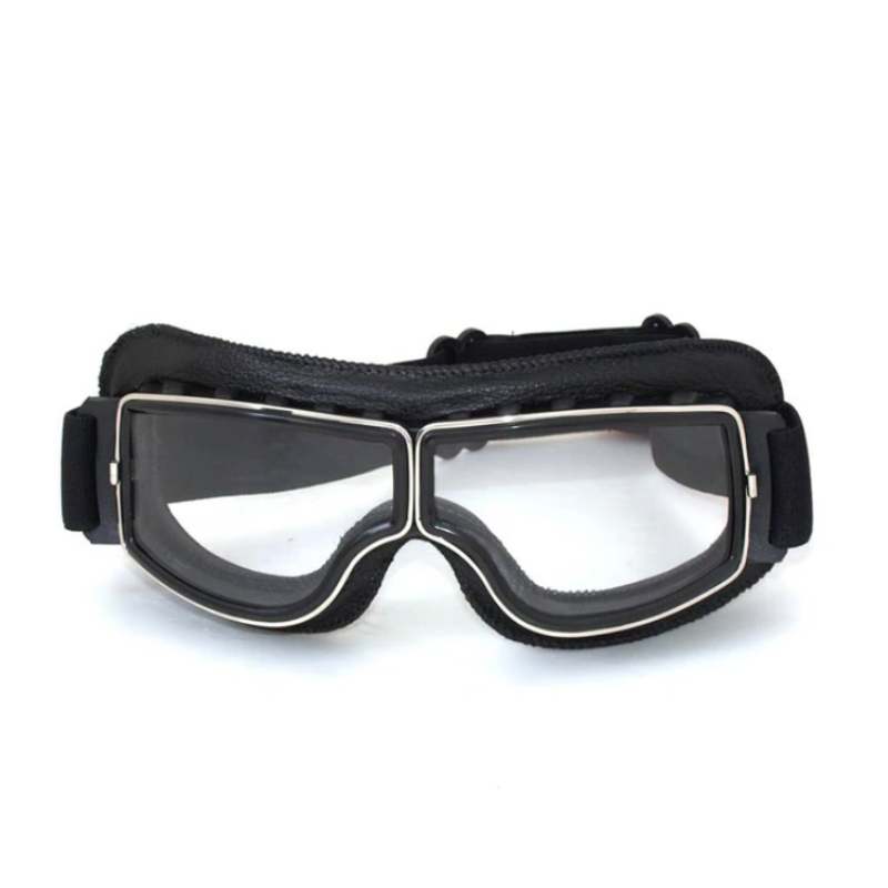 Schwarze Motorradbrille mit klaren Gläsern, Vintage-Stil, Schutzbrille für Motorradfahrer.