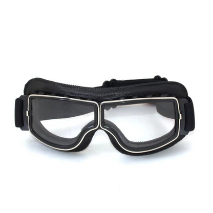 Schwarze Motorradbrille mit klaren Gläsern, Vintage-Stil, Schutzbrille für Motorradfahrer.