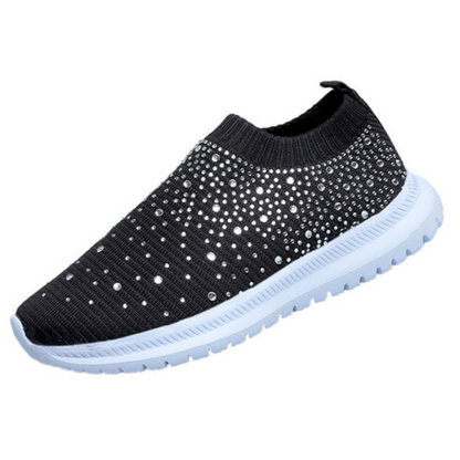 Schwarzer Damen-Sneaker mit Strasssteinen, rutschfeste Sohle, modisch, bequem, atmungsaktiv.