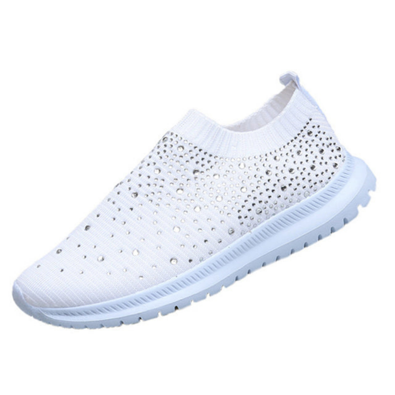 Weiße Damen-Sneaker mit Strass, atmungsaktiv, rutschfest, modisch, bequem.