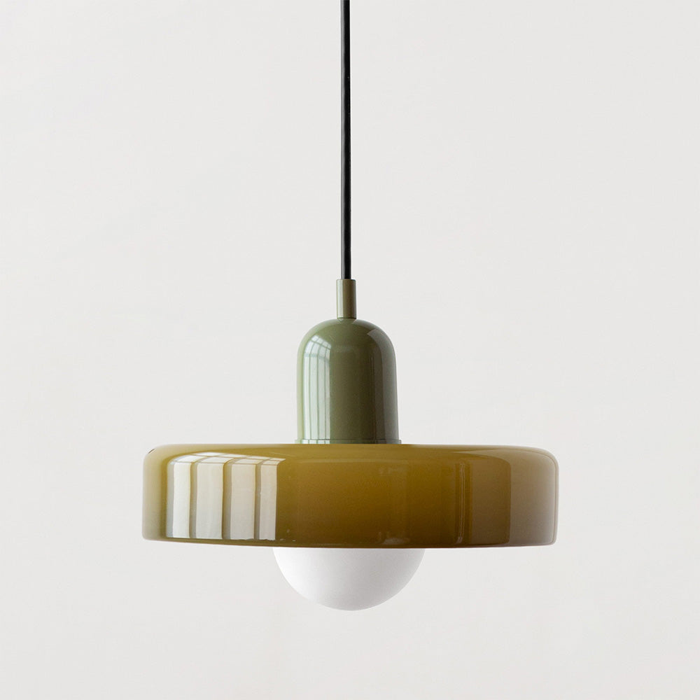 Grüne Pendelleuchte aus Glas, modernes Design, 25 cm Durchmesser, ideal für Wohnzimmerbeleuchtung.