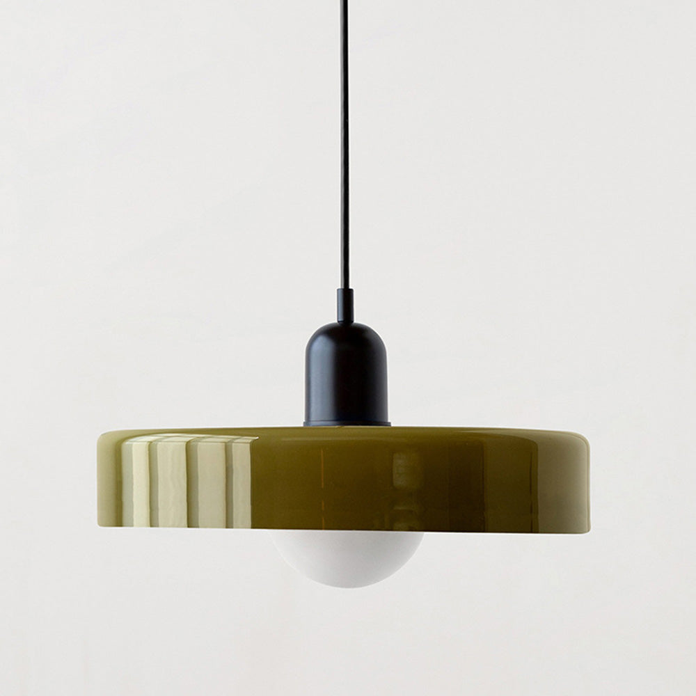 Moderne grüne Pendelleuchte aus Glas, 35 cm, minimalistisches Design, schwarze Aufhängung.