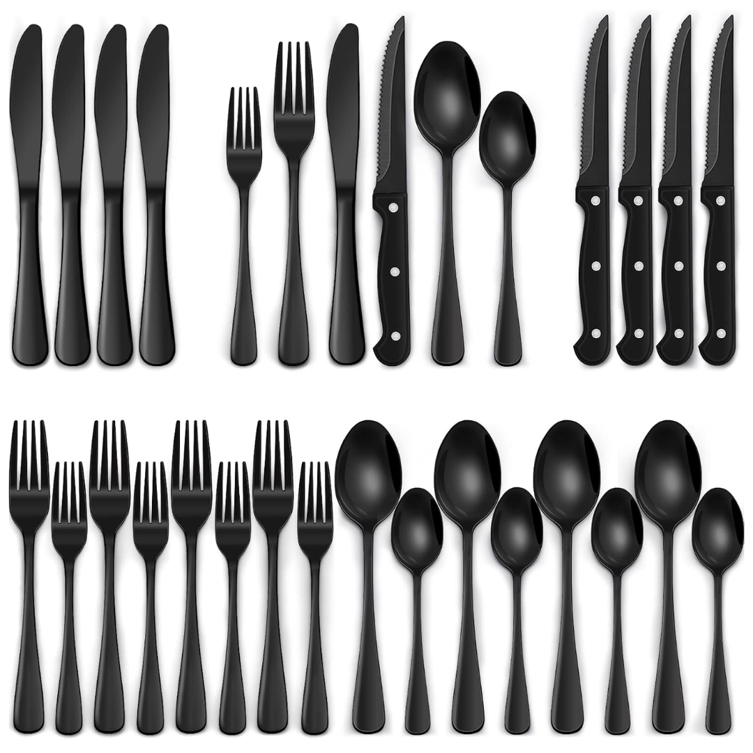 Schwarzes Besteckset aus Edelstahl, 24-teilig, modern, Messer, Gabeln, Löffel, stilvoll.