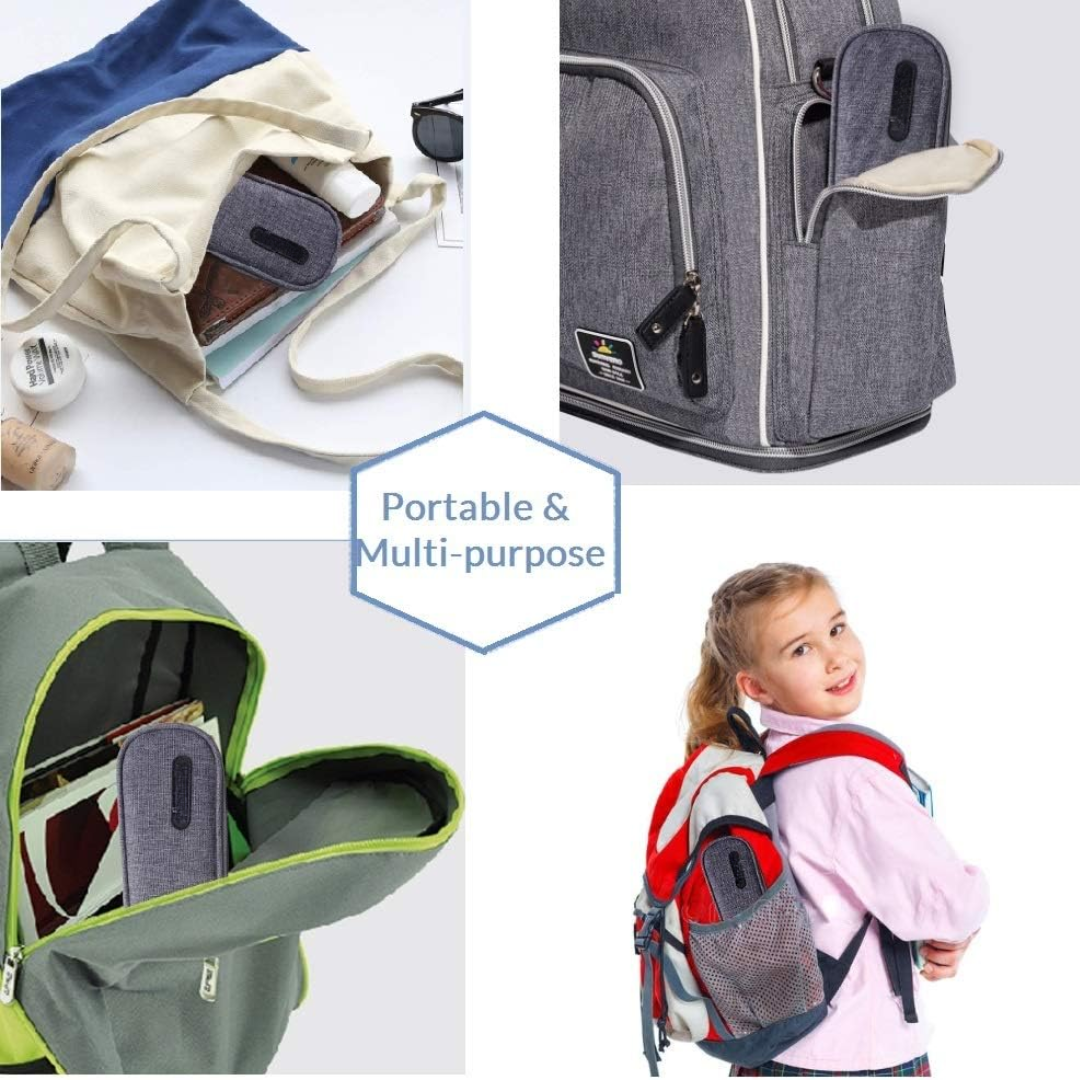 Tragbarer grauer Bluetooth-Lautsprecher in Rucksack und Tasche, vielseitig einsetzbar.