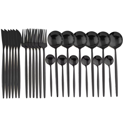 Schwarzes Edelstahl-Besteckset, 24-teilig, modern, Messer, Gabeln, Löffel, stilvoll.