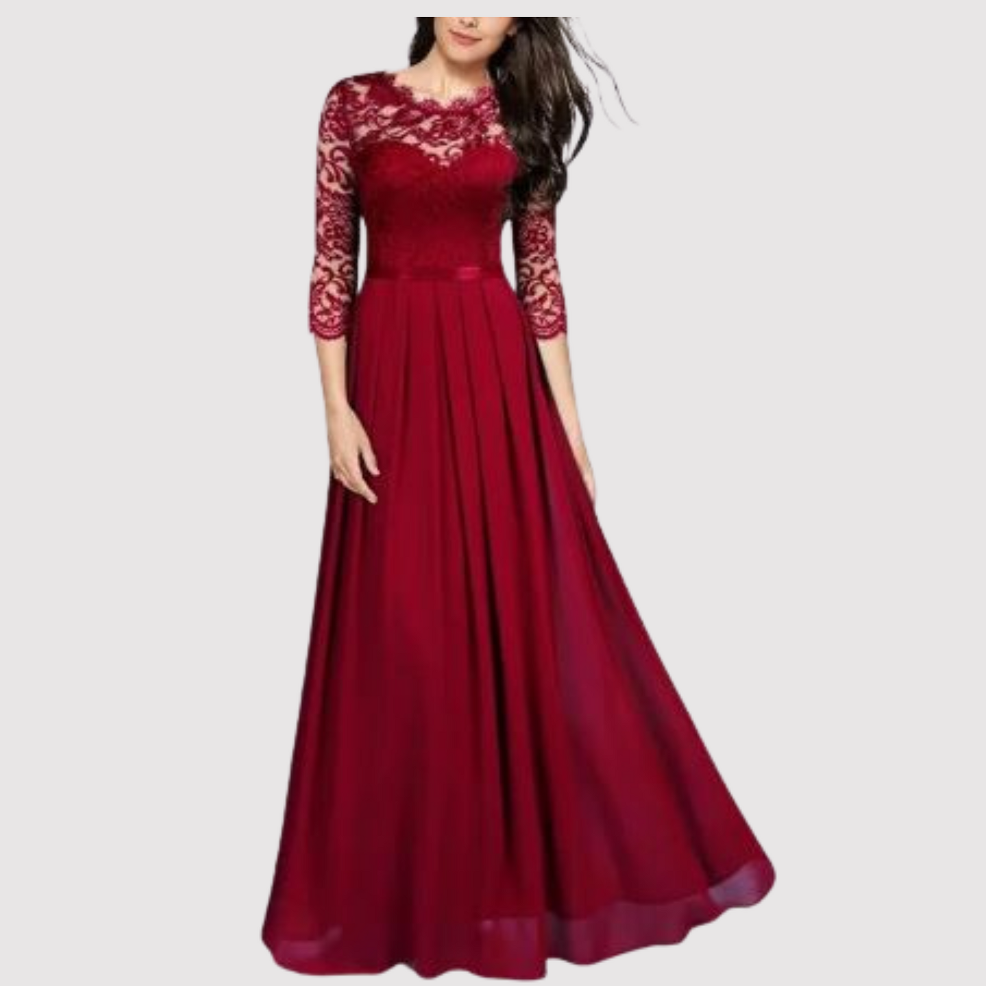 Rotes Abendkleid mit Spitzenärmeln, bodenlang, elegantes Design, Damenmode.
