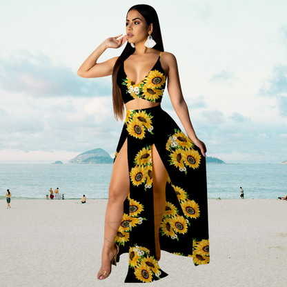 Sommaroutfit med spaghettiband och lång kjol med slits – Naïma