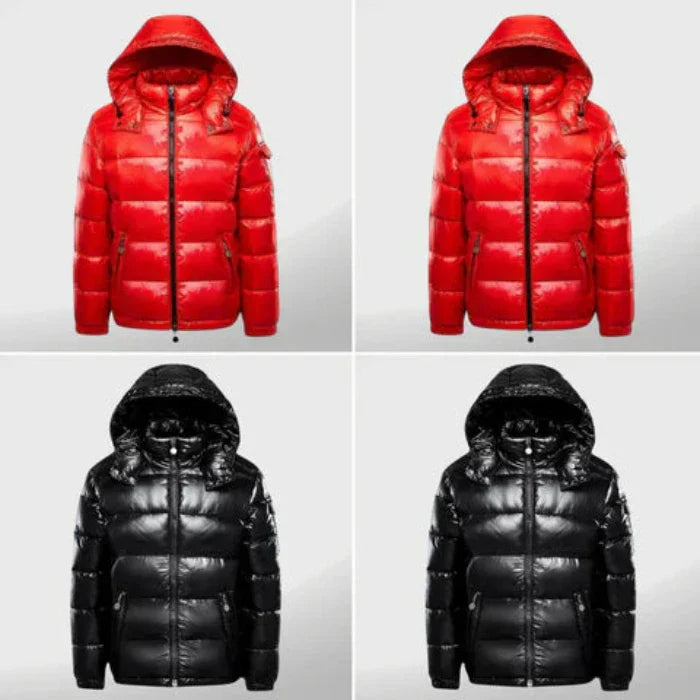 Rote und schwarze Daunenjacken mit Kapuze, glänzend, Wintermode, isoliert auf grauem Hintergrund.