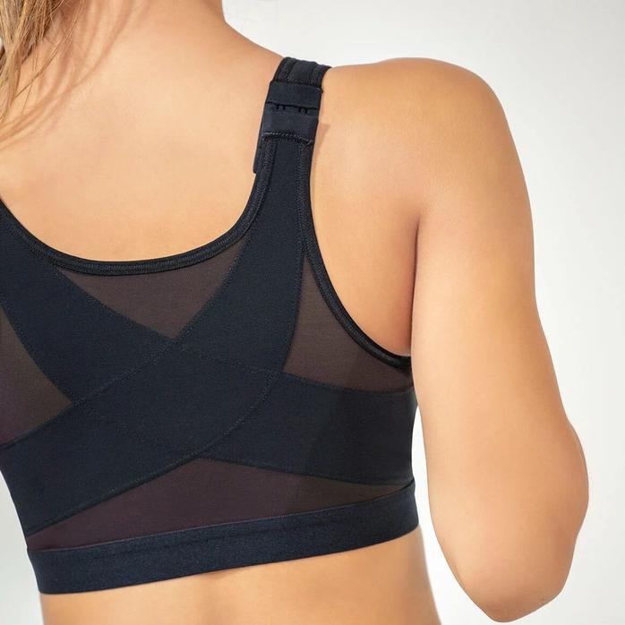 Schwarzer Sport-BH aus Mesh, Rückansicht, atmungsaktiv, Damenunterwäsche, Fitnessbekleidung.