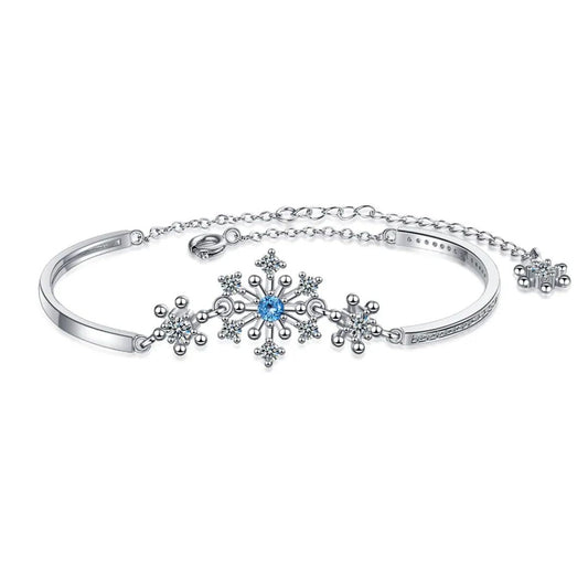 Silberarmband mit Schneeflocken-Design, blauer Kristall, Damen-Schmuck, verstellbar.