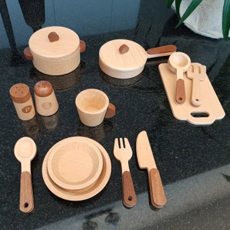 Trä-köksleksak med trädstamsdesign för rollspel och lärande nöje