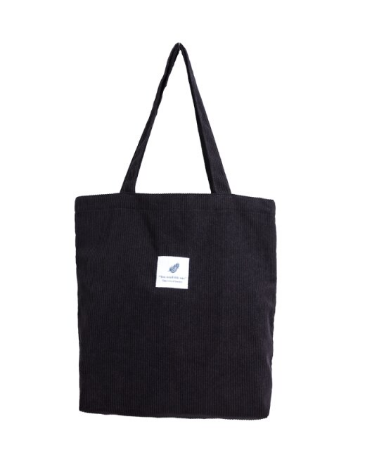 Schwarze Cord-Einkaufstasche mit Logo, umweltfreundlich, wiederverwendbar, modisch.