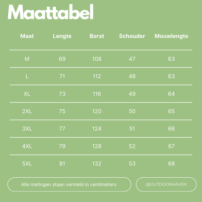Größentabelle für Kleidung, Maße in cm, Größen M bis 5XL, grüne Hintergrundfarbe.