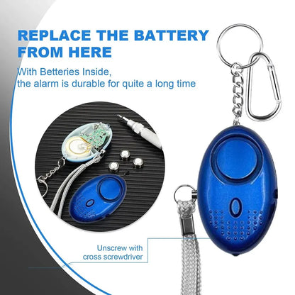 Blauer persönlicher Alarm mit Schlüsselanhänger, Batteriefach, Sicherheitsgerät.