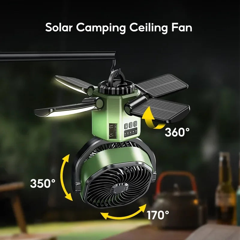 Solcellsdriven campingfläkt med 6000 mAh-batteri, LED-lampa och 4 hastighetsinställningar – SunBreeze