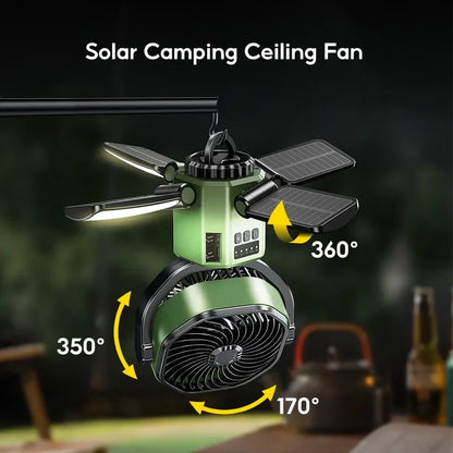 Solcellsdriven campingfläkt med 6000 mAh-batteri, LED-lampa och 4 hastighetsinställningar – SunBreeze