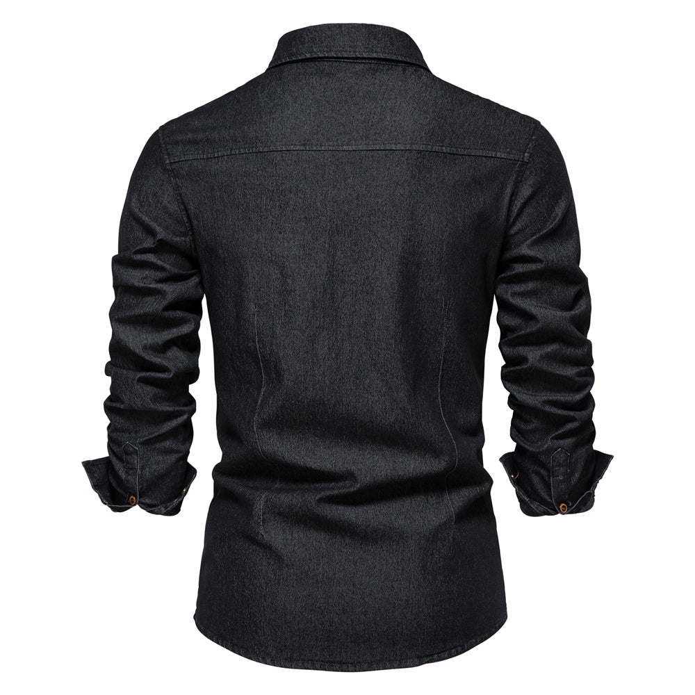 Schwarzes Herrenhemd aus Denim, langärmelig, modisch, Rückansicht, Freizeitkleidung.