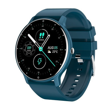 Blaue Smartwatch mit rundem Display, Fitness-Tracker, Herzfrequenzmesser, Wetteranzeige.