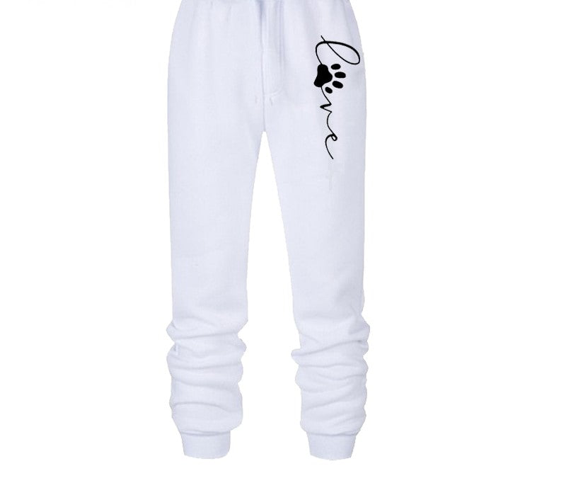 Weiße Jogginghose mit "Love"-Schriftzug und Pfotenabdruck, bequem, Baumwolle, Unisex.