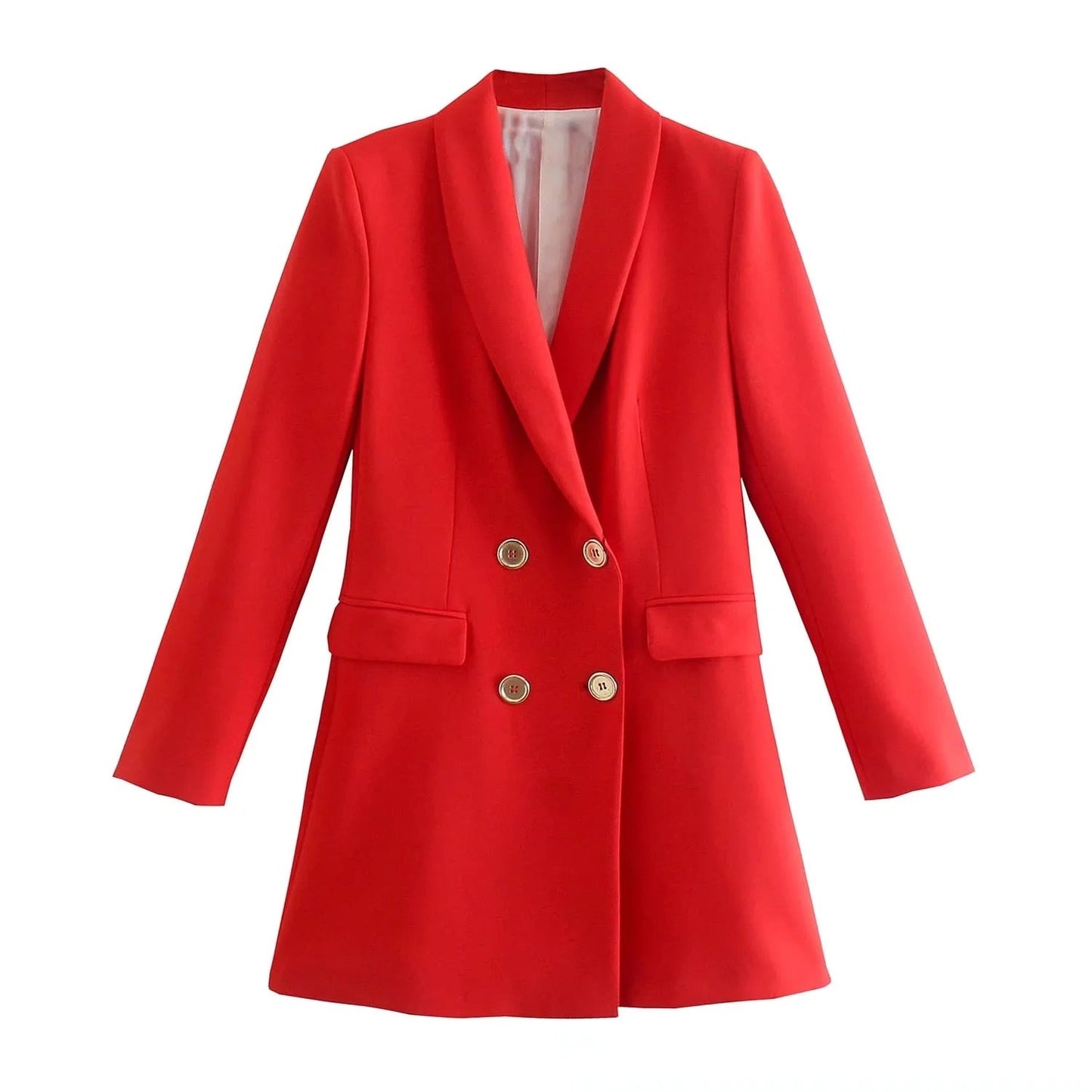 Roter Damenblazer, zweireihig, elegantes Design, modische Damenjacke, Business-Outfit.