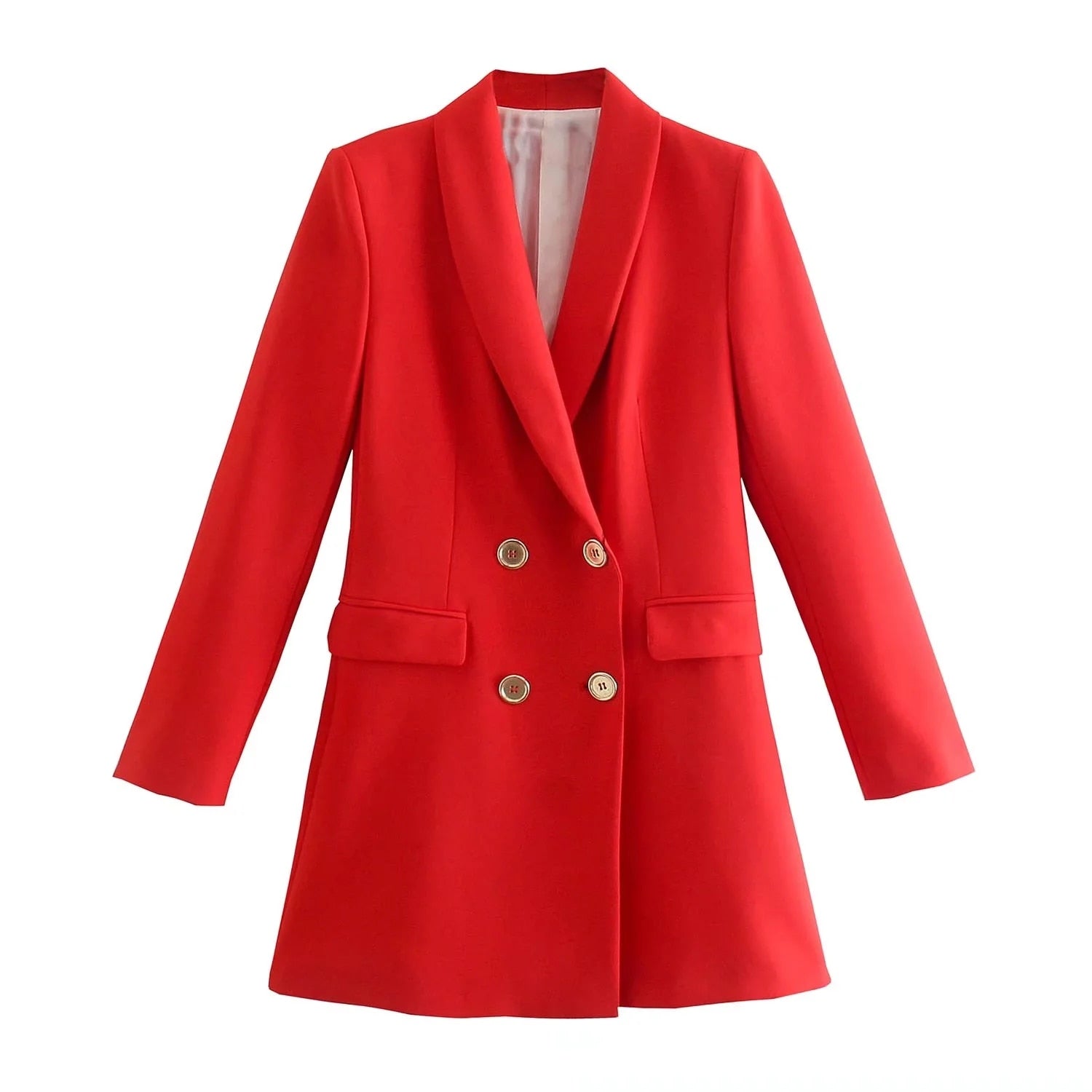 Roter Damenblazer, zweireihig, elegantes Design, modische Damenjacke, Business-Outfit.
