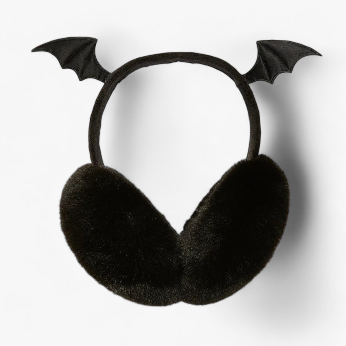 Schwarze Plüsch-Ohrenschützer mit Fledermausflügeln, modisches Winteraccessoire.