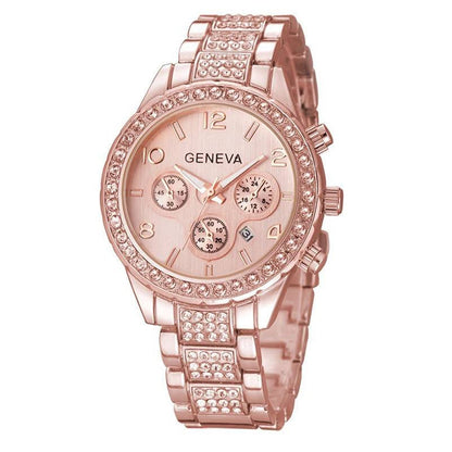 Roségoldene Damenarmbanduhr mit Strasssteinen, Chronograph, elegantes Design, Geneva.
