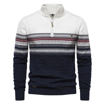 Herrenpullover mit Reißverschluss, Norwegermuster, weiß-blau, Strick, Wintermode, warm.
