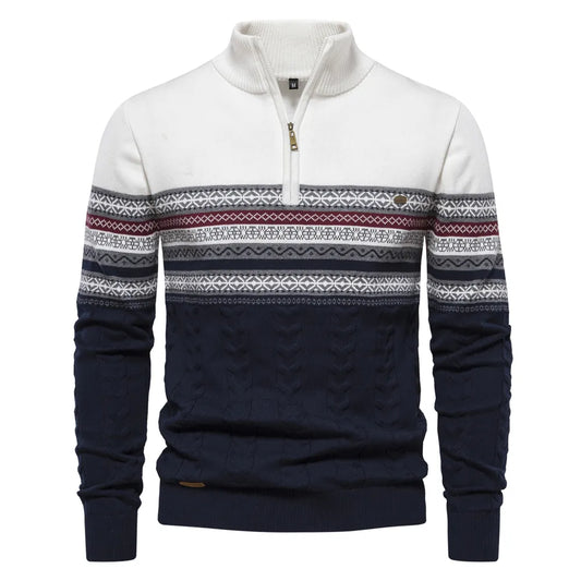 Herrenpullover mit Reißverschluss, Norwegermuster, weiß-blau, Strick, Wintermode, warm.