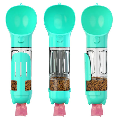 Tragbare Haustier-Wasserflasche, türkis, mit Futterbehälter, ideal für Hunde unterwegs.