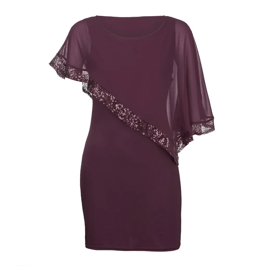 Bordeauxfarbenes Kleid mit Spitze, asymmetrischem Design, elegantes Abendkleid, Damenmode.