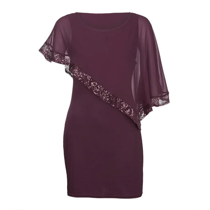 Bordeauxfarbenes Kleid mit Spitze, asymmetrischem Design, elegantes Abendkleid, Damenmode.