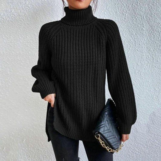 Damen Rollkragenpullover schwarz, Strick, langärmelig, modisch, warm, Herbst-Winter-Outfit.