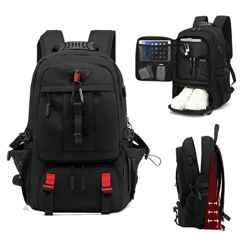 Schwarzer Laptop-Rucksack mit USB-Anschluss, Schuhfach, wasserabweisend, ideal für Reisen.