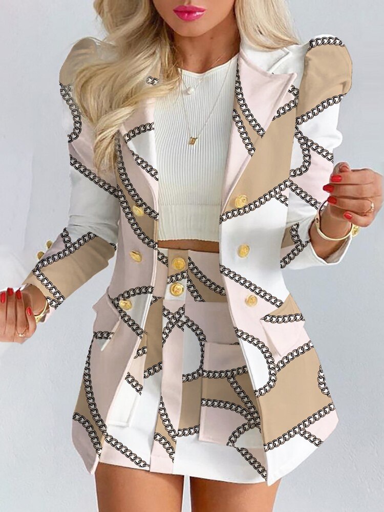 Damen Blazer Set, Kettenmuster, Beige-Weiß, modisch, elegant, Zweiteiler, Büro-Outfit