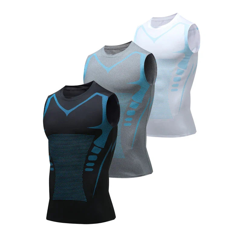 Drei ärmellose Kompressionsshirts, schwarz, grau, weiß, atmungsaktiv, Sportbekleidung.