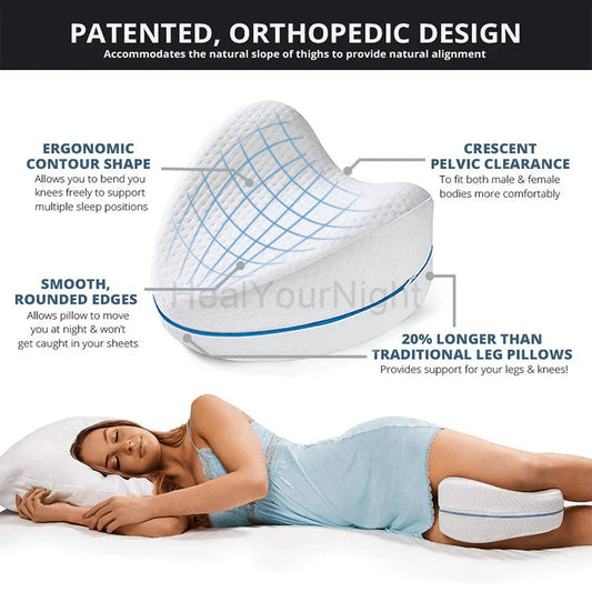 Orthopädisches Kniekissen, ergonomisch, weiß, für Seitenschläfer, mit konturierter Form.
