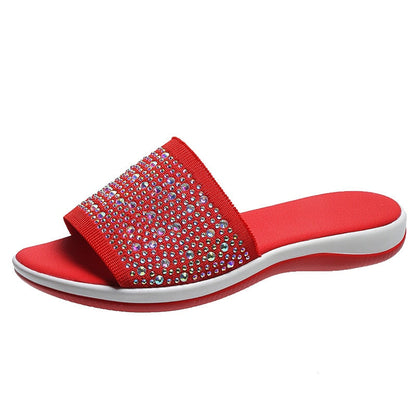 Rote Damen-Sandale mit Strasssteinen, bequem, modisch, Sommerschuh.