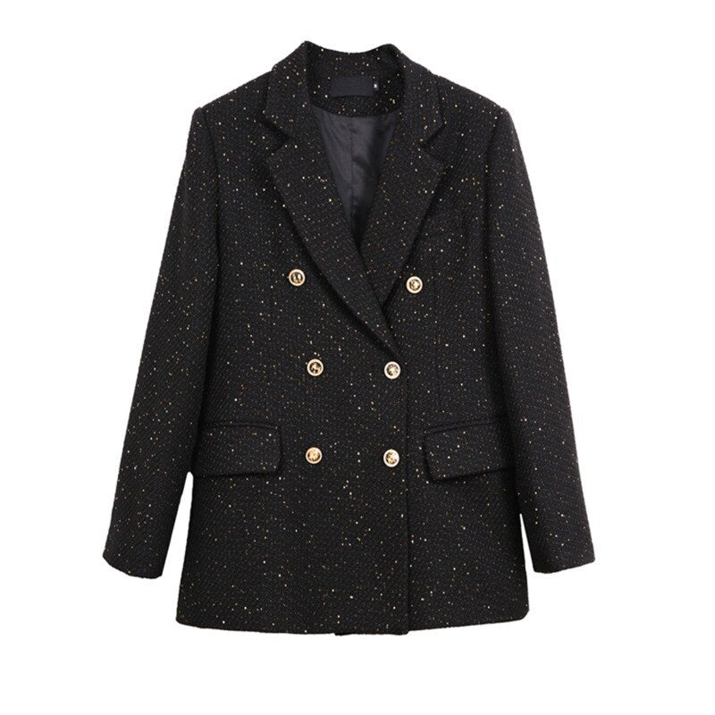 Schwarzer Damenblazer mit goldenen Knöpfen, elegantes Design, Businessmode.